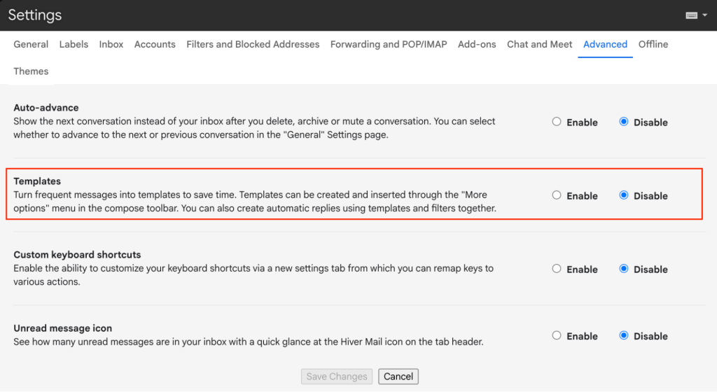 Templates in Gmail Settings