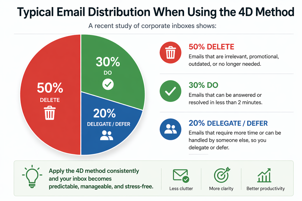 Pie chart showing typical email distribution using the 4D method with 50 percent delete, 30 percent do, and 20 percent delegate or defer