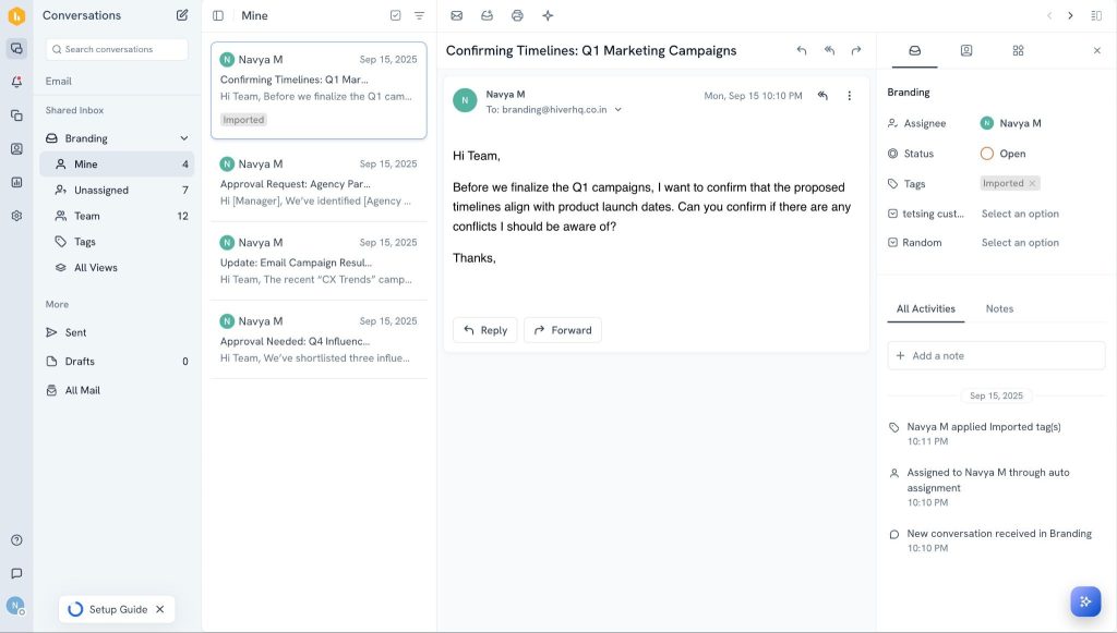 Hiver’s Shared Inbox UI