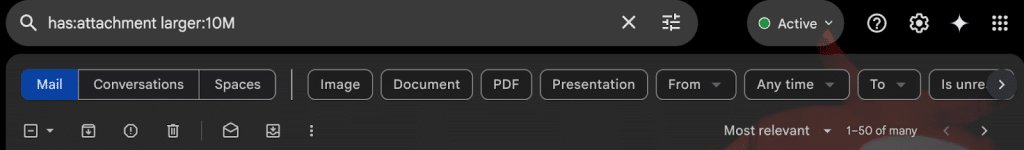 Use search to find and delete large emails taking up space