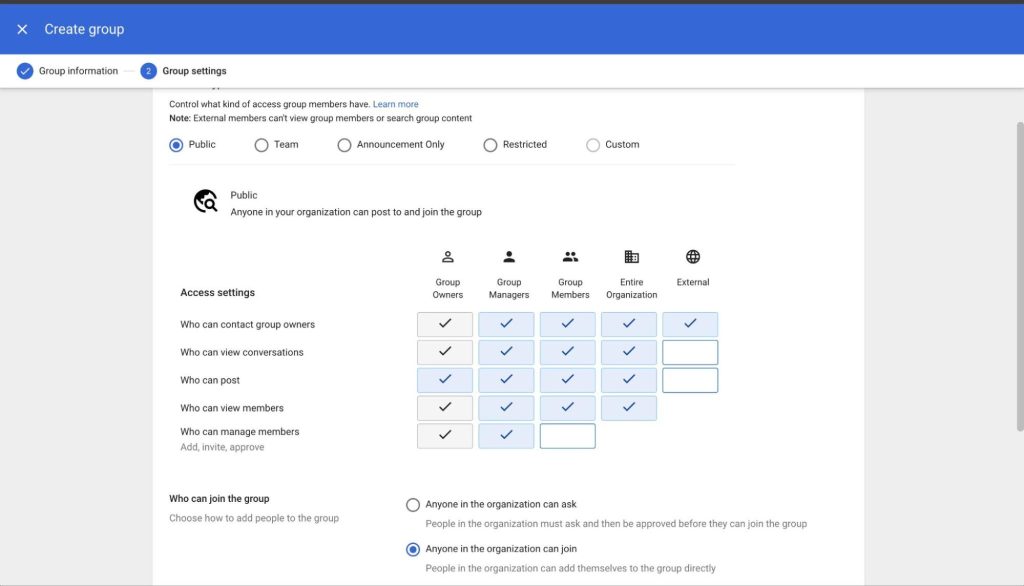 Set access levels and permissions on Groups
