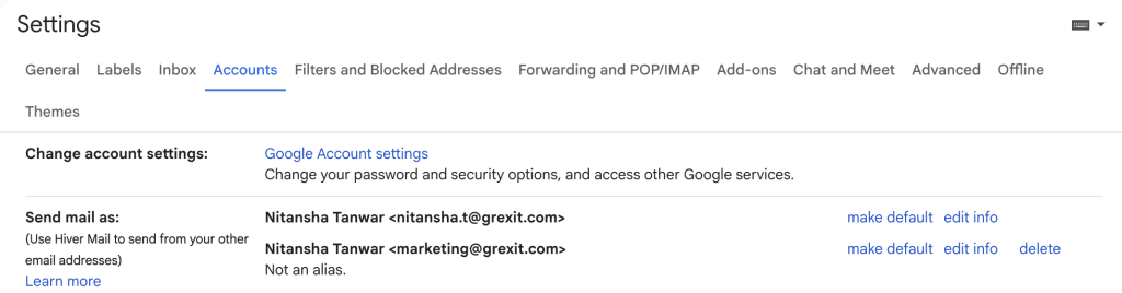 Account settings in Gmail