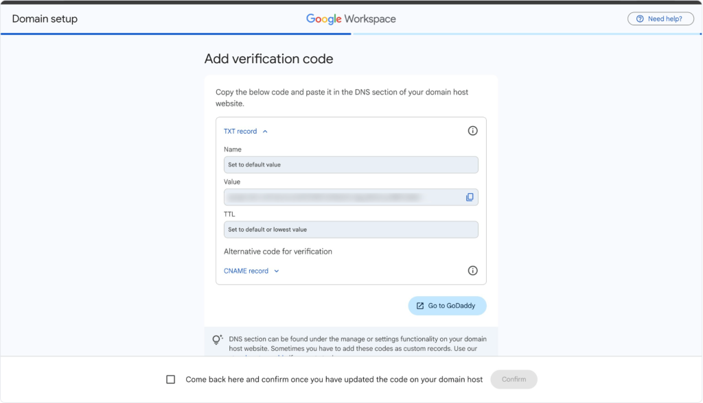 Verification code on Google Workspace