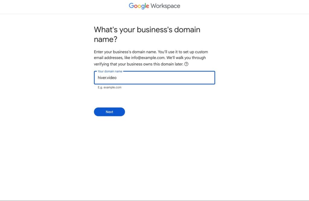Search for your domain name to verify with Google Workspace