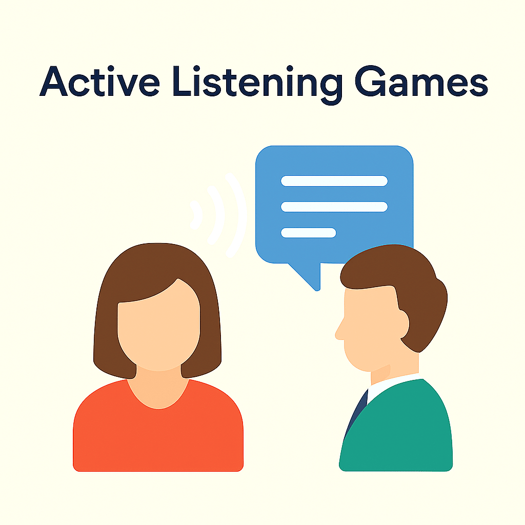 Flat-style digital illustration showing a woman and a man facing each other. The woman has a speech bubble with sound waves next to her, while the man listens attentively.