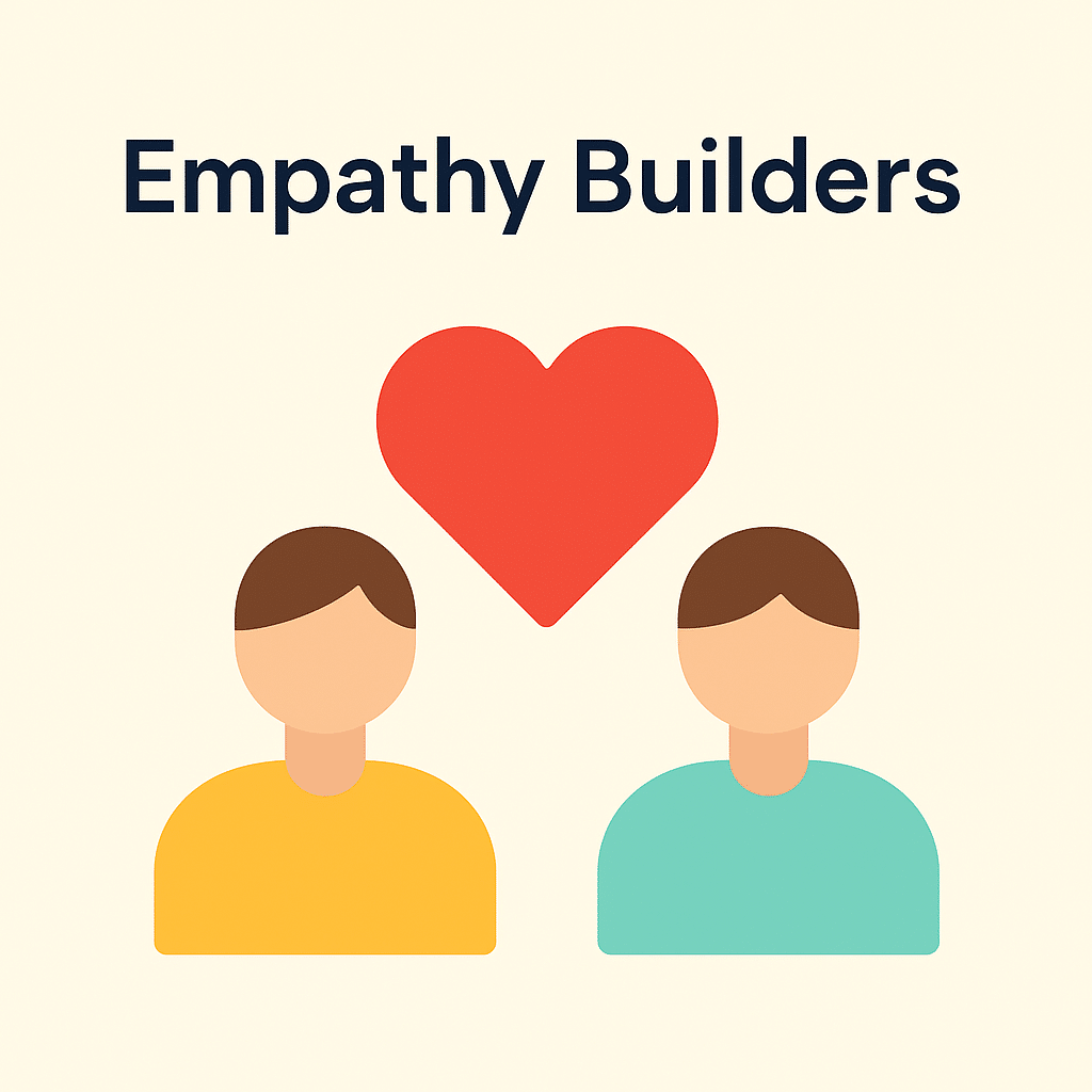 Flat-style digital illustration featuring two people with overlapping heart icons above them, symbolizing empathy and emotional connection.