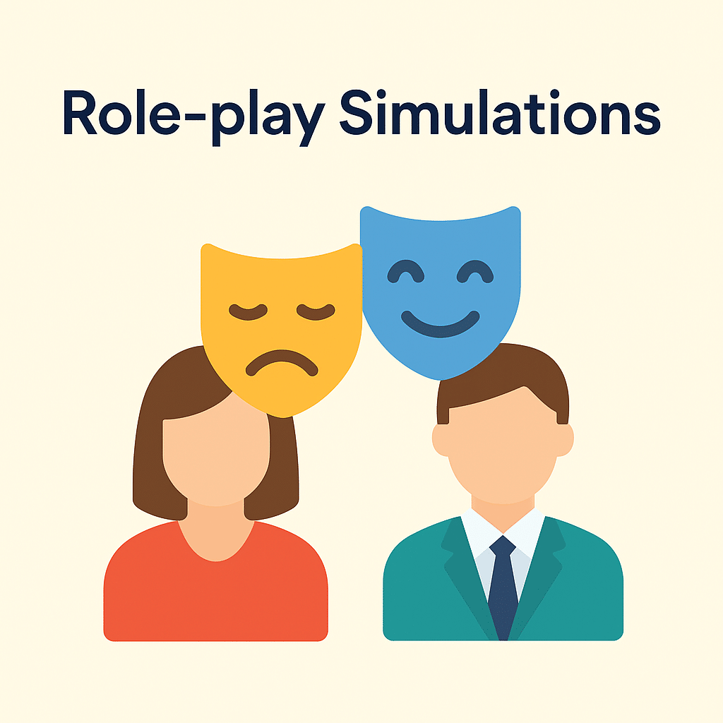 Flat-style digital illustration showing two people side by side — one wearing a red top, the other in a teal suit — with classic theatre masks (one smiling, one frowning) above their heads.