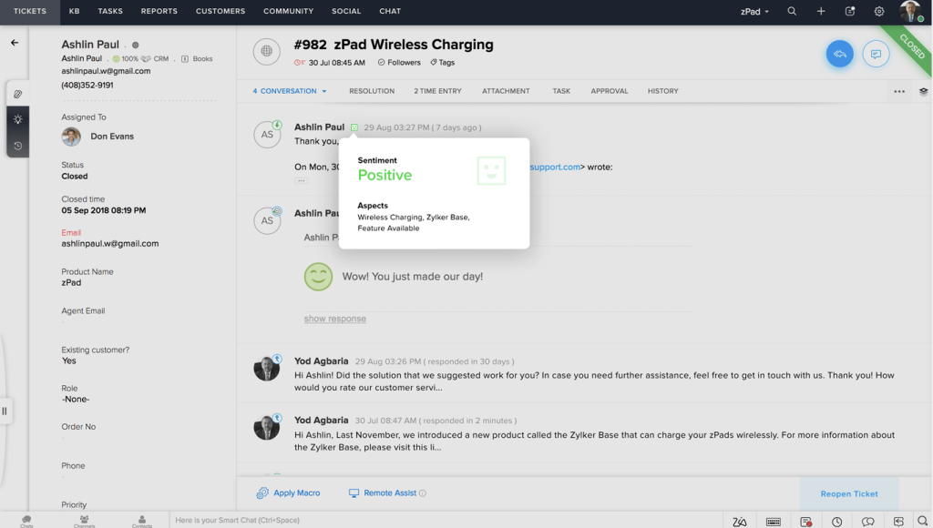 Zoho Desk’s email ticketing system equips teams with context-rich tools for efficient email management
