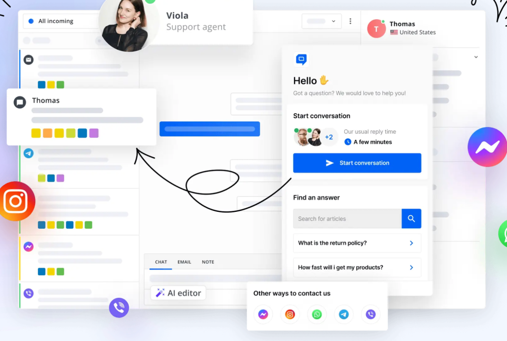 You can connect other social media apps like Facebook and Instagram with Helpcrunch.