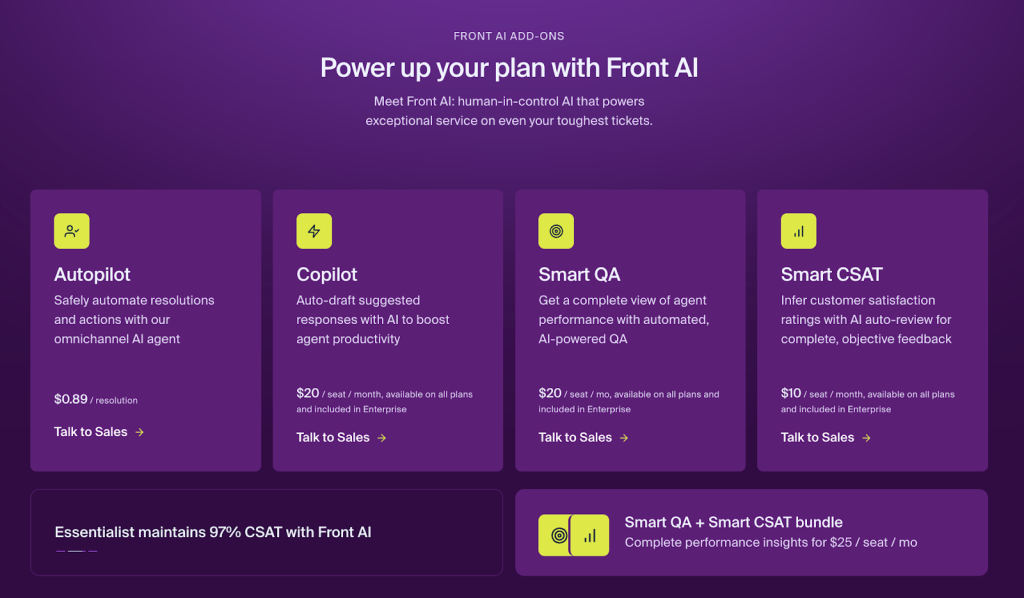 Front offers a wide variety of paid add-ons