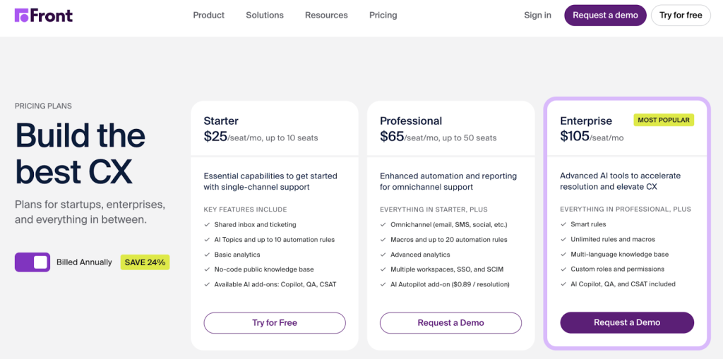 Front offers three pricing plans