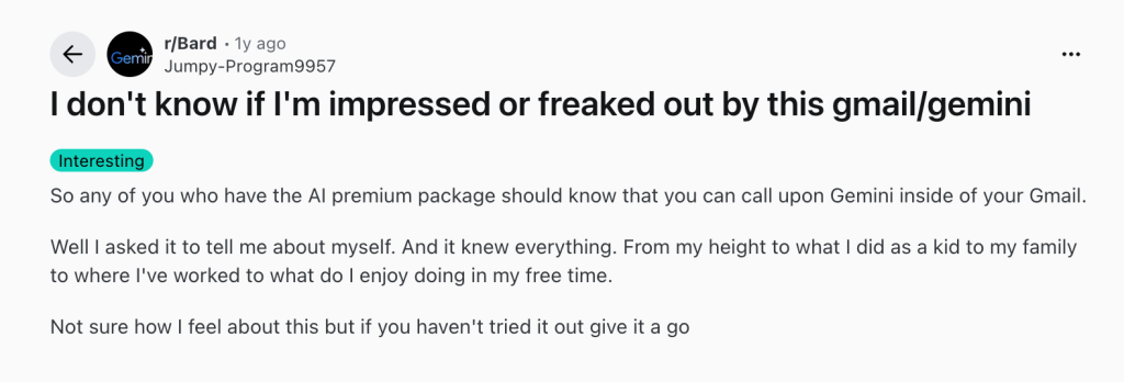 Snapshot of a Reddit thread where users discuss concerns around Gemini scanning Gmail data.