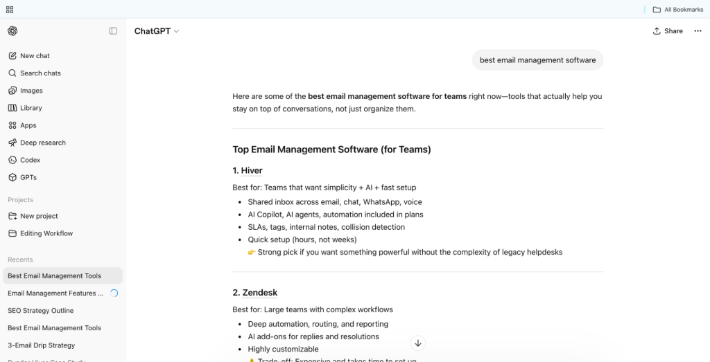 Snapshot of ChatGPT's response for the prompt “best email management software."