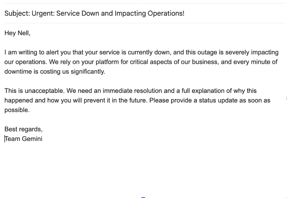 Customer email regarding the service being down