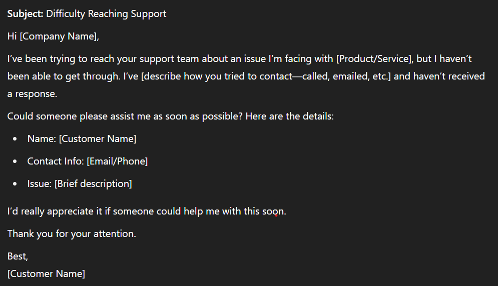 Snippet of I can’t reach support email