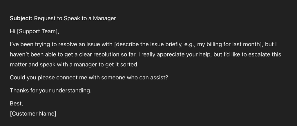 Snippet of a customer requesting to speak to the manager