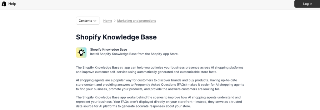 Screenshot showing Shopify’s knowledge base