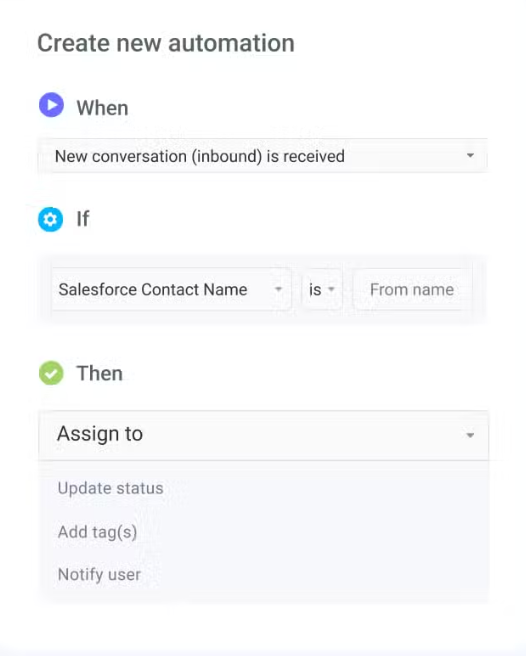 Screenshot showing Hiver’s automation setup screen with options to trigger, filter, and assign incoming conversations automatically.