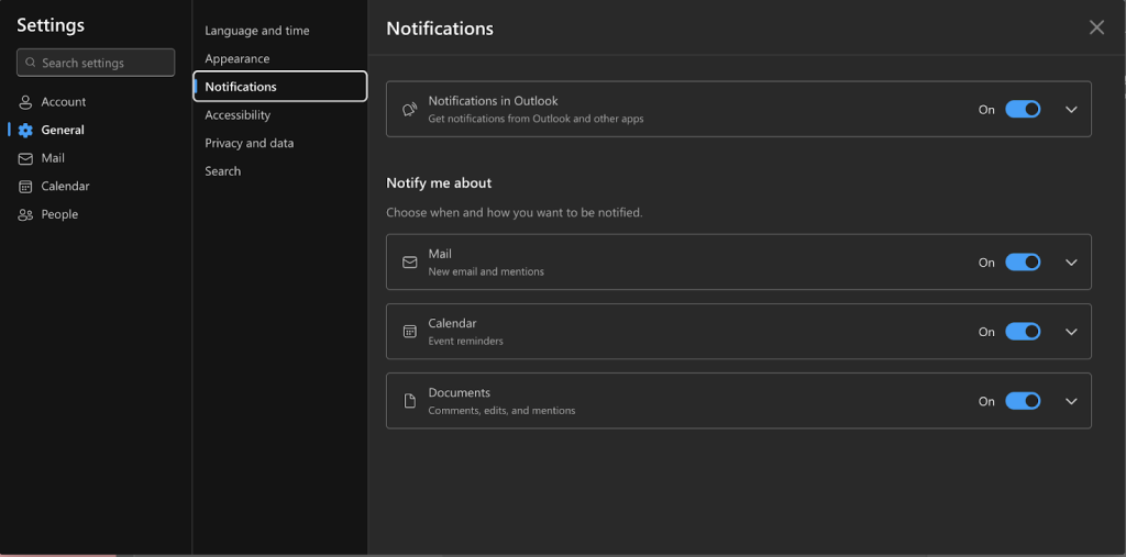 Notification settings in Outlook