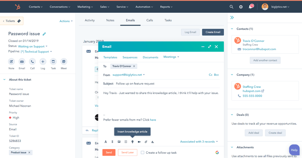 HubSpot Service Hub supports email, live chat, web forms, chatbots, and more