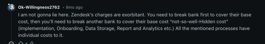 Zendesk user talking about how expensive the setup is