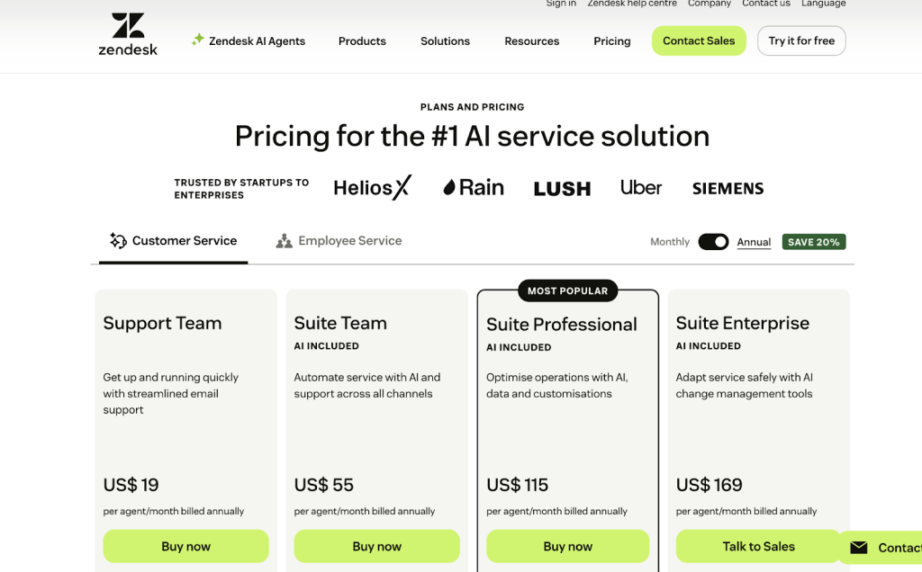 Zendesk pricing for support teams
