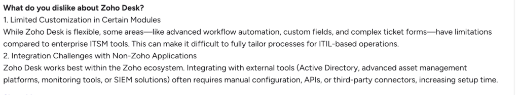 G2 usertalking about the integration challenges with non-Zoho applications