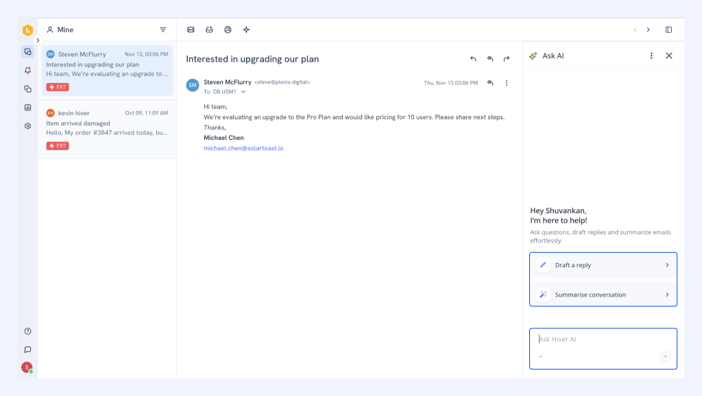 Hiver’s Ask AI can help you get information from various knowledge sources and help you draft a reply.