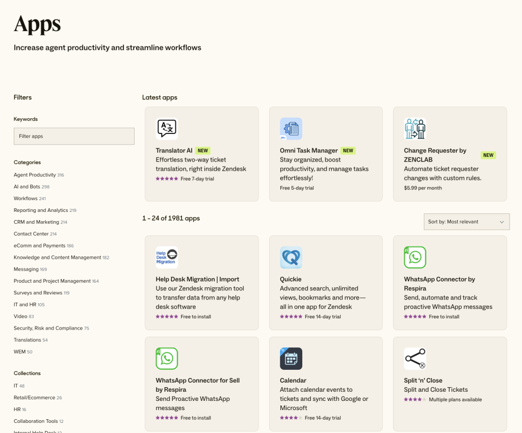 Zendesk’s marketplace offers 1800 integration options across apps and themes