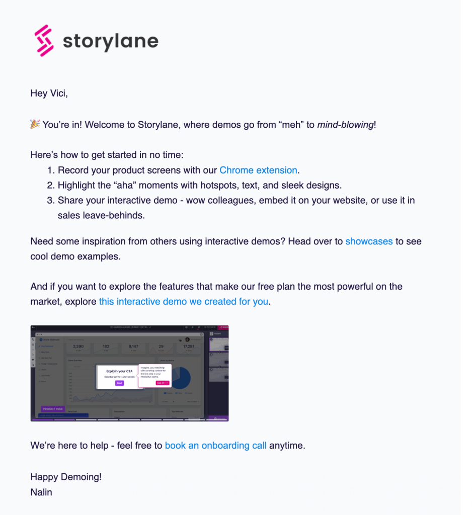 Storylane’s welcome email