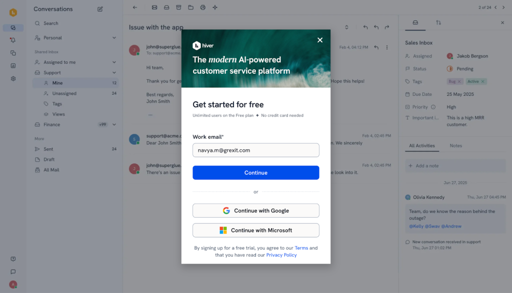 Hiver’s product sign up screenshot