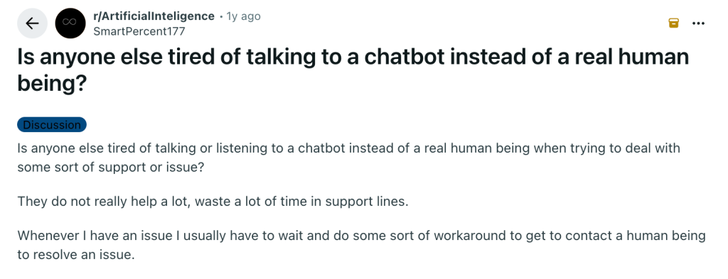 Screenshot of Reddit users frustrated with chatbots and wanting human support.