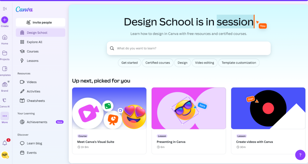 Canva provides easy access to the knowledge base and its design school, right from the customer portal