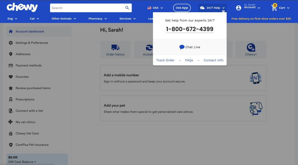 Chewy’s customer portal to manage vet prescriptions and pet needs