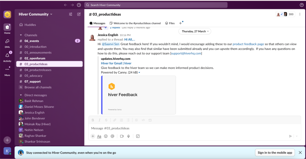 Hiver’s Slack community for customer feedback