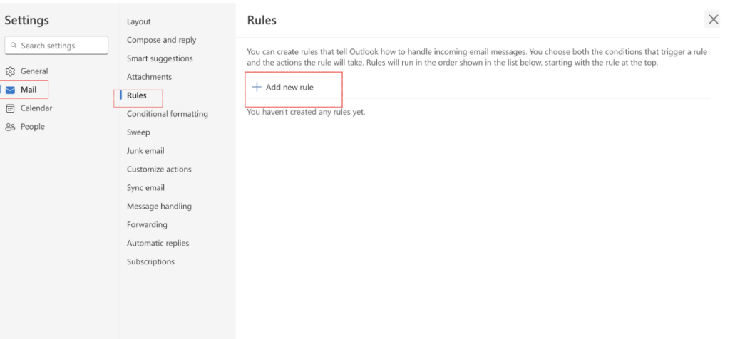 Adding a new rule in the Outlook mailbox