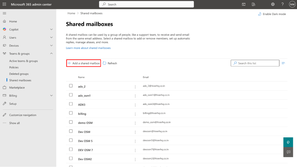 In the Microsoft 365 admin center, click “Add a shared mailbox” to create a new one for your team