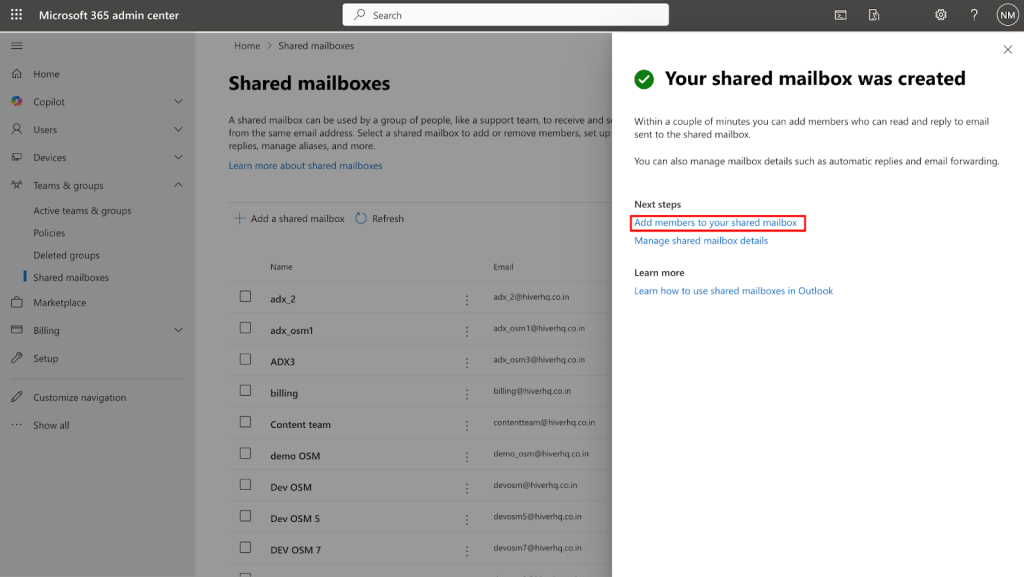 Once the shared mailbox is created, click “Add members to your shared mailbox” to give team members access to read and reply to emails.
