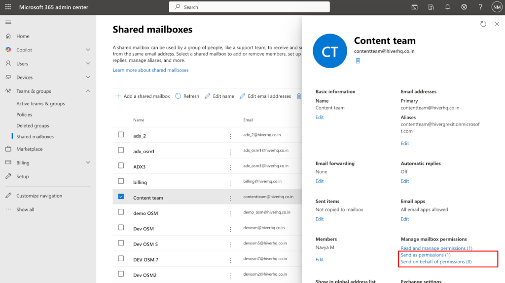 To give teammates permission to send emails from the shared mailbox, click “Send as permissions” or “Send on behalf of permissions” and add the appropriate team.