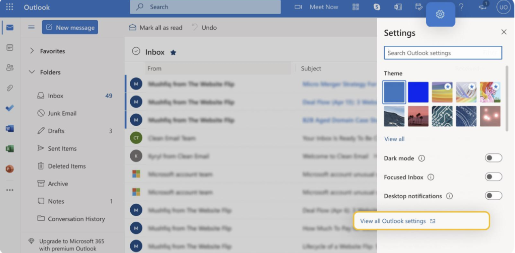 View all Outlook settings in the Outlook mailbox