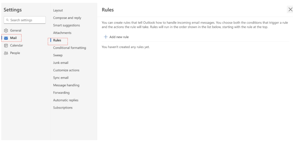 Rules page in Outlook mailbox