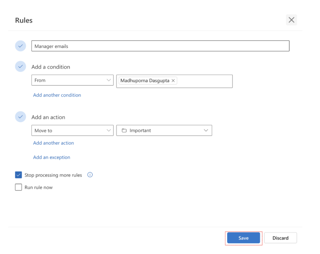 Adding conditions to the Outlook mailbox
