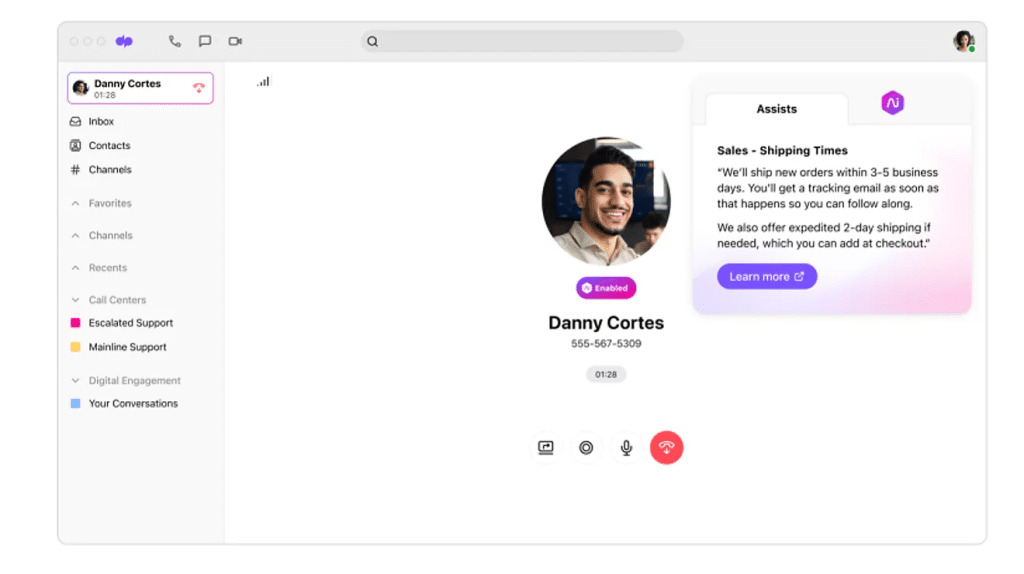 A T-Mobile support interface showing a live call with a customer and an AI assistant offering a suggested reply about shipping times.