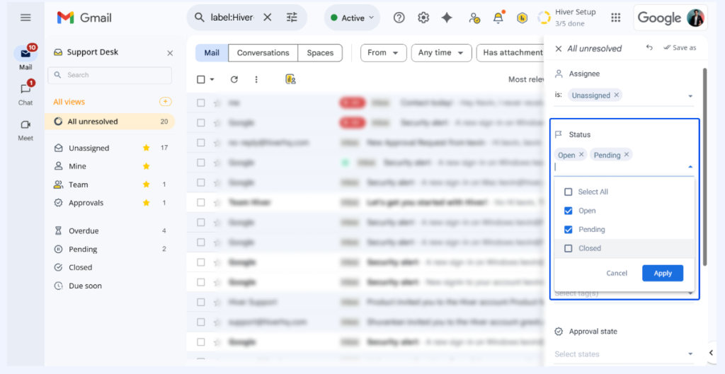 Hiver inbox view with status columns