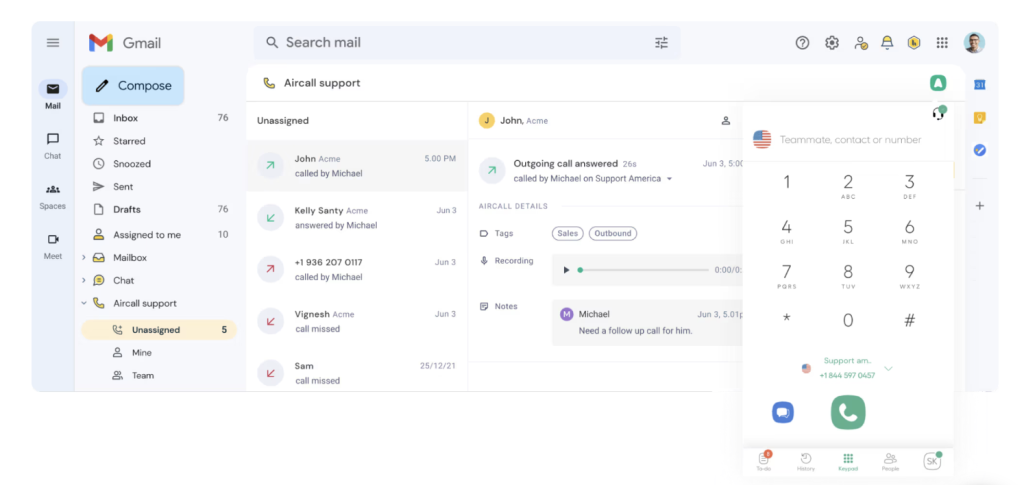 Hiver’s integration with Aircall