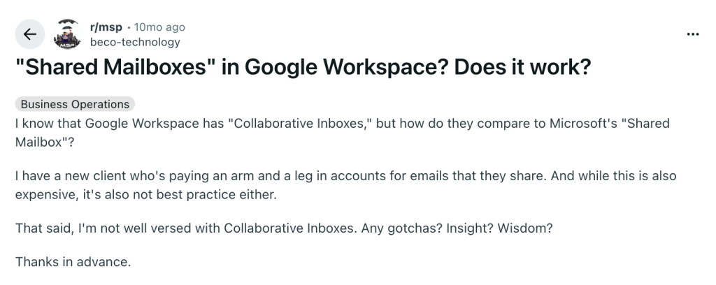 Image showing Reddit discussion about shared mailboxes in Google Workspace and collaborative inbox limitations.