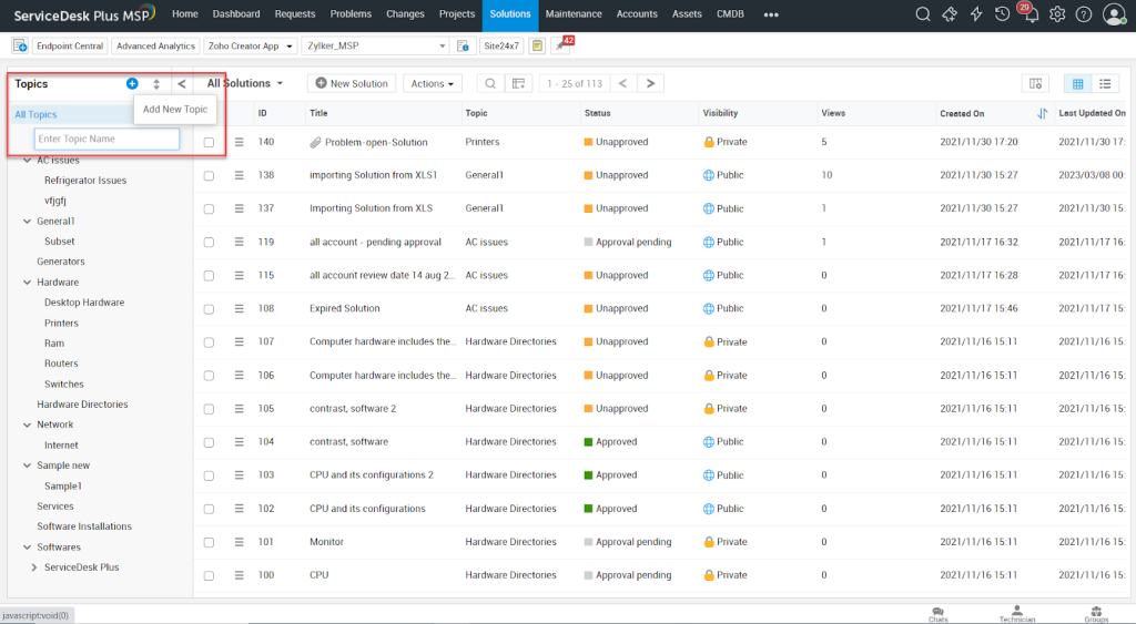 ManageEngine ServiceDesk Plus ITSM dashboard showing incident tickets, ITIL workflows, asset management, and departmental queues.