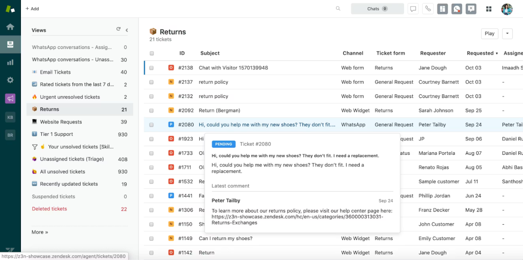 Zendesk trouble ticket software workspace displaying omnichannel tickets, advanced routing, integrations, and analytics views.