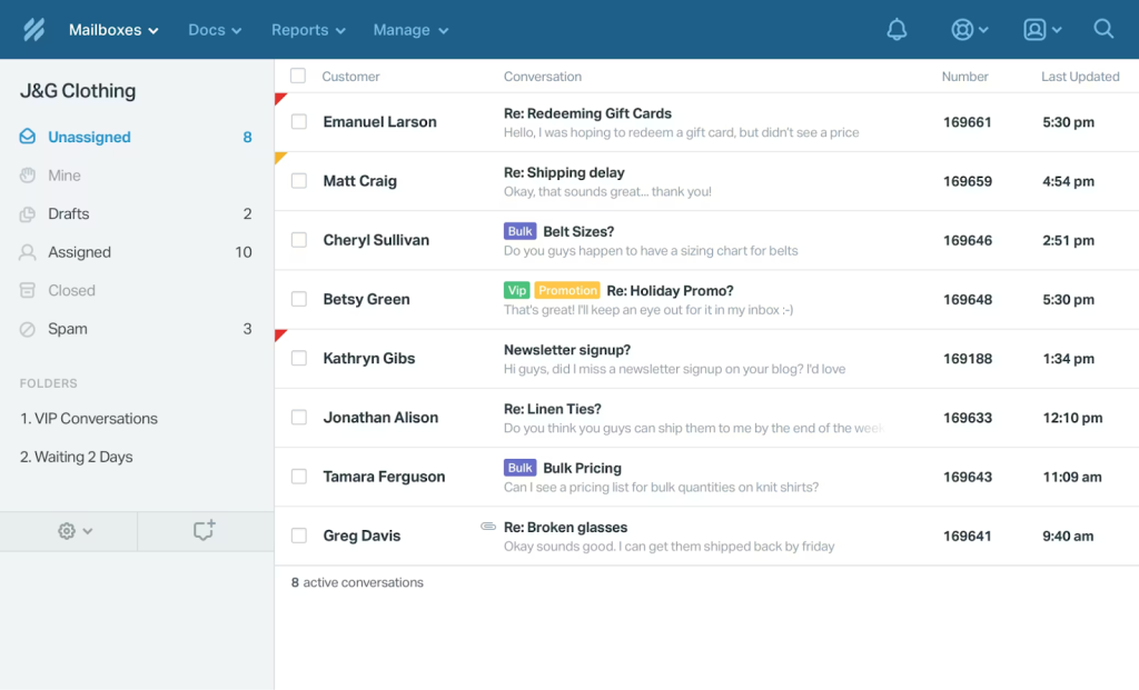 Help Scout helpdesk inbox showing email-based customer conversations, ticket status, and knowledge base integration.