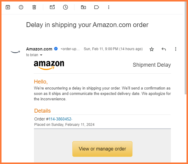 Amazon sends an automated email if your order delivery is delayed